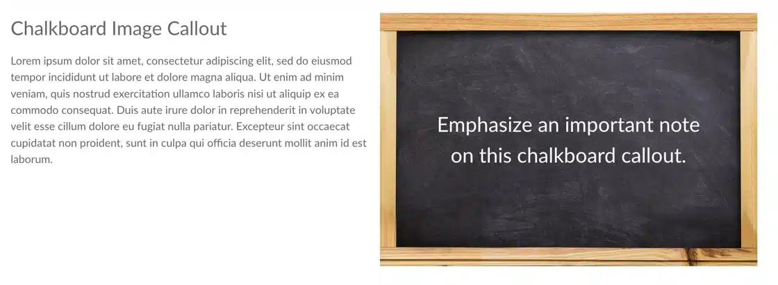 Content block with header, paragraph text, and a chalkboard with text on it