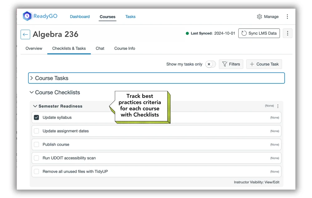 ReadyGO product screenshot illustrating the ability to track best practices criteria for each course with checklists