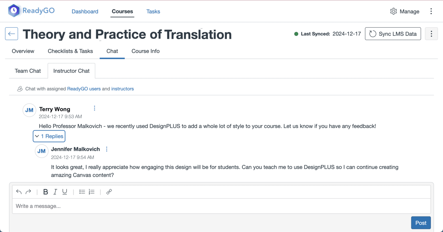 Screenshot of ReadyGO Instructor Chat feature