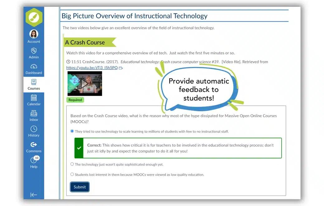 Canvas course page with Quick check question and feedback on student's answer