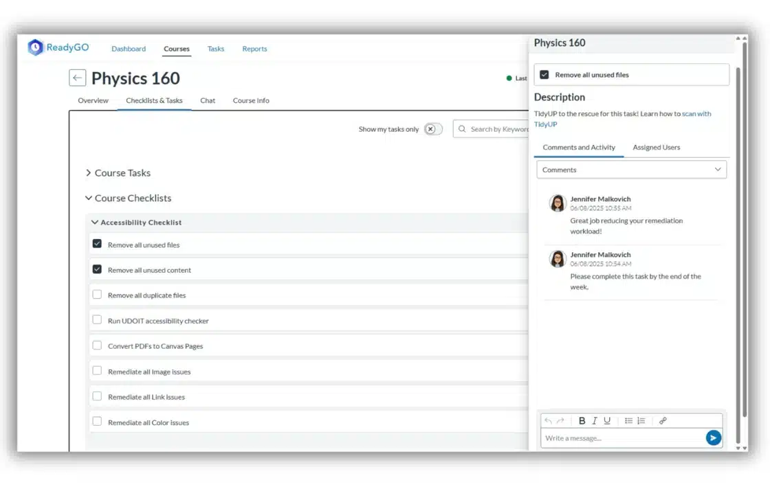 ReadyGO Accessibility Checklist item with linked resources and comment history