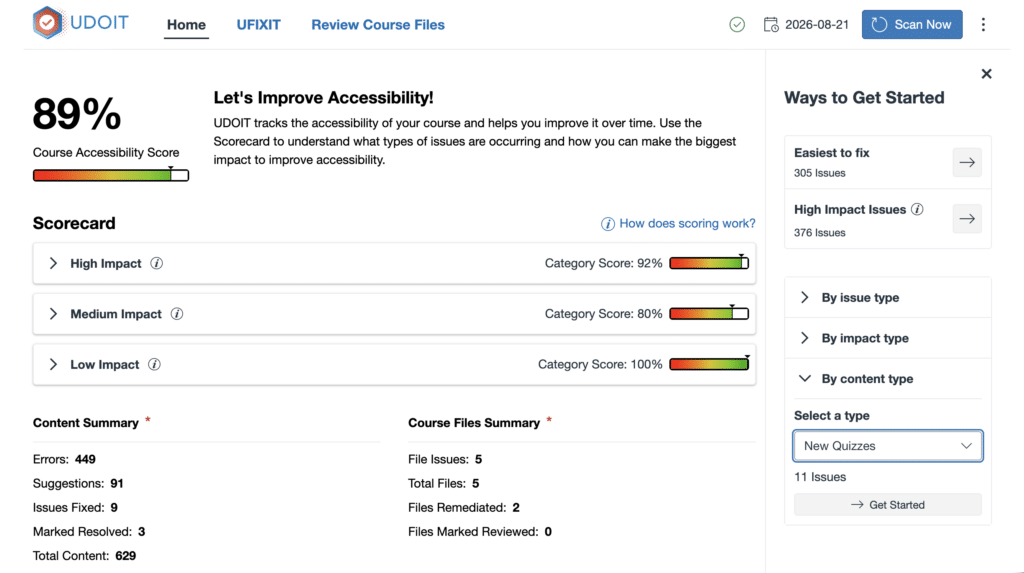 Work by content type in UDOIT shows new quizzes in dropdown.