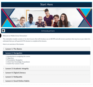 NC Virtual Start Here page with lesson overviews in Accordions.